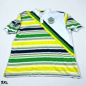 COOGI Polo Shirt Mens XXXL White Green Yellow Striped Cotton Golf Patches 3XL